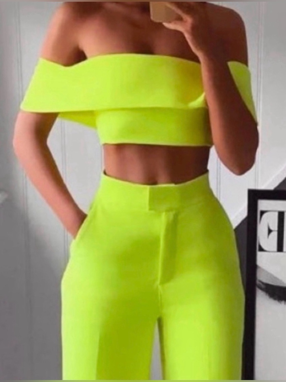 HOUSE OF CB Marsha Neon Lime Off-Shoulder Crop Top and Wide-Leg Pants Set